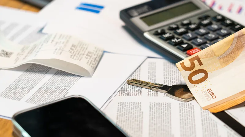 Documents fiscaux, calculatrice et billets en euros